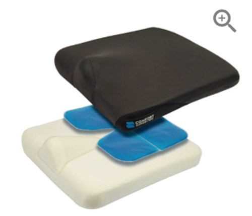Picture of SUPPORT PRO CUSHION, 16 X 16.5, WEDGE WITH POMMEL, QUADRA 3D GEL, STANDARD ROUND BOTTOM, SOLACE COVER, KWIK STRAP